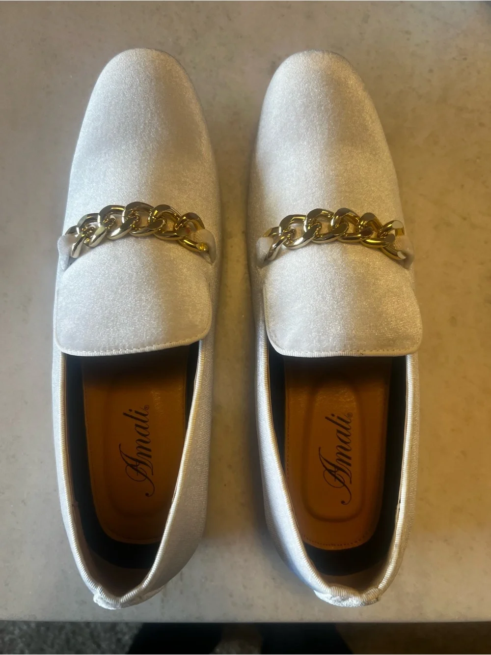 Amalfi White Velvet Loafers with Gold Chain Accent